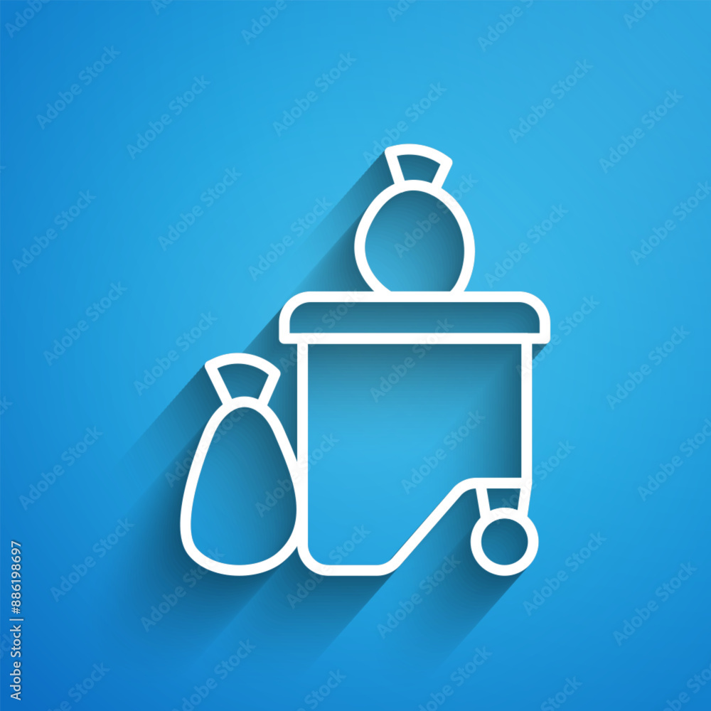 Poster white line dumpsters being full with garbage icon isolated on blue background. garbage is pile lots 
