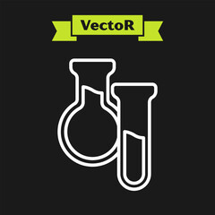 White line Test tube and flask icon isolated on black background. Chemical laboratory test. Laboratory glassware. Vector