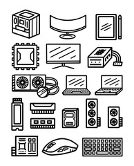 Set of Cartoon line art doodle of Computer and Tech related, Hand Drawn.