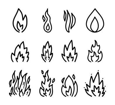 Set of Cartoon line art doodle of Fire, Hand Drawn.
