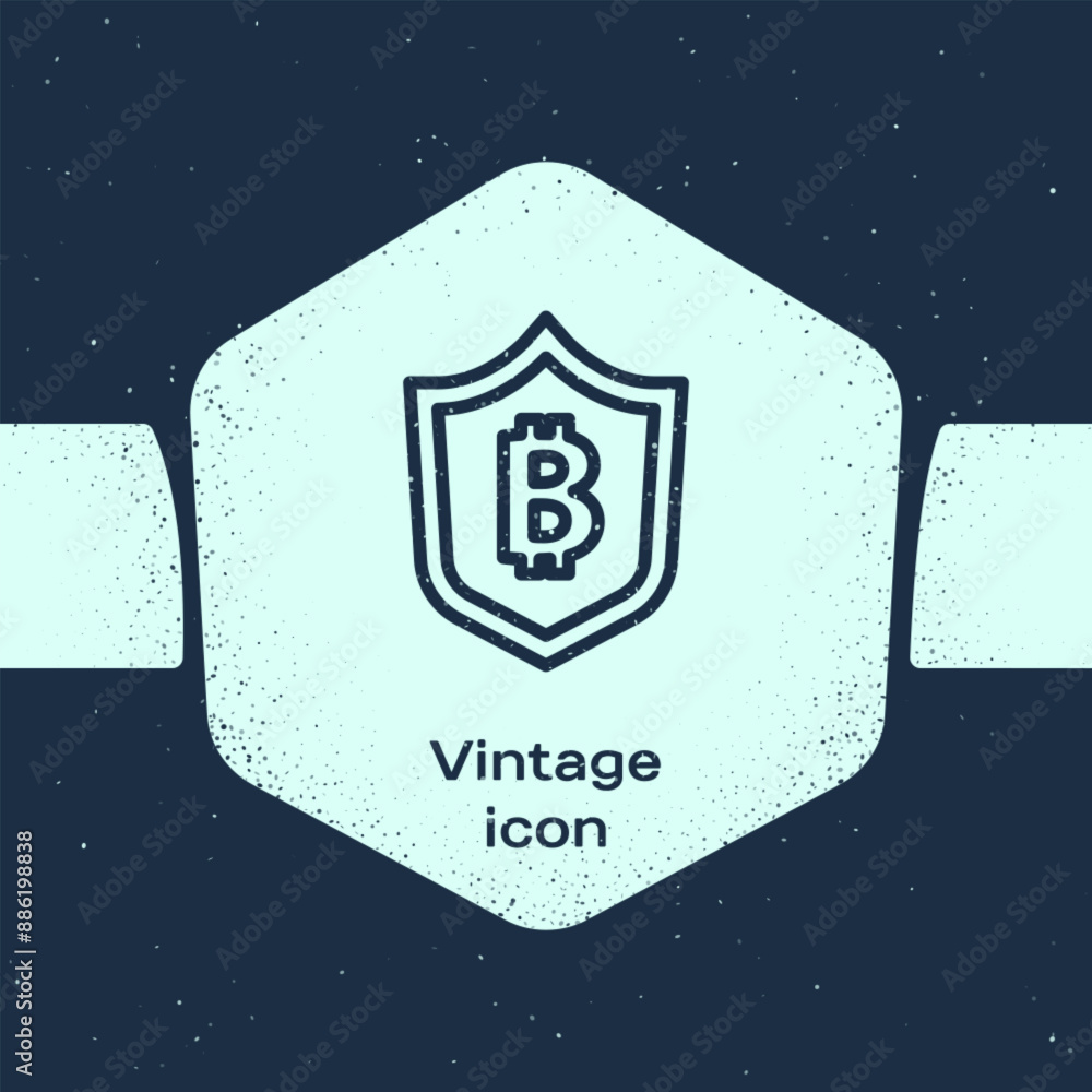 Poster grunge line shield with bitcoin icon isolated on blue background. cryptocurrency mining, blockchain 