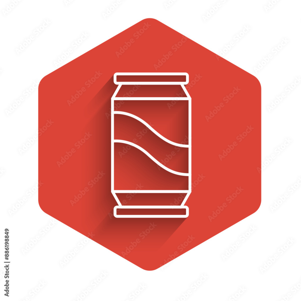 Poster white line beer can icon isolated with long shadow. red hexagon button. vector