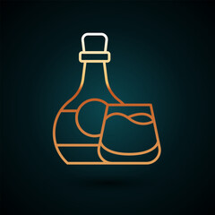 Gold line Whiskey bottle and glass icon isolated on dark blue background. Vector