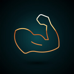 Gold line Bodybuilder showing his muscles icon isolated on dark blue background. Fit fitness strength health hobby concept. Vector