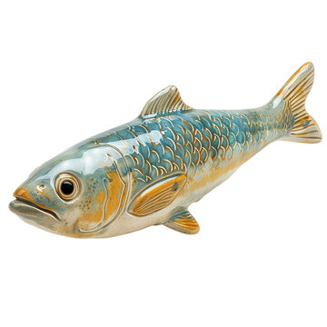 Angled view of a ceramic pilchard fish figurine swimming in mid air isolated on a white transparent background
