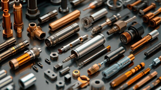 An array of precision tools and instruments used in manufacturing, arranged neatly on a reflective surface, highlighting their detailed craftsmanship