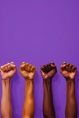 Diverse Fists Raised Against Purple Background Symbolizing Unity and Strength