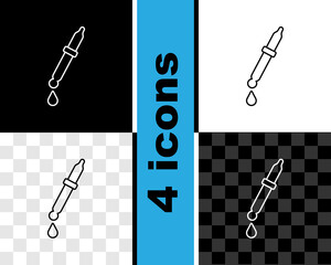 Set line Pipette icon isolated on black and white, transparent background. Element of medical, chemistry lab equipment. Pipette with drop. Medicine symbol. Vector