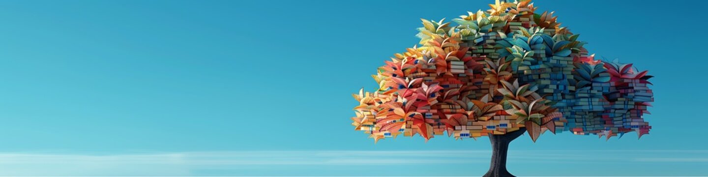 3D tree with book-leaves each one different color and texture on solid sky blue background. The tree stands as testament to the spread of knowledge and education.