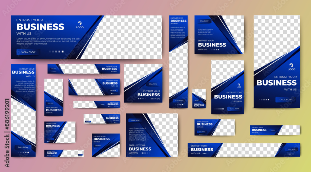 Poster set of blue background for web ad banner template with text and image spaces. vector