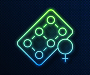 Glowing neon line Packaging of birth control pills icon isolated on blue background. Contraceptive pill. Vector