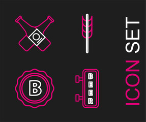 Set line Street signboard with inscription Beer, Bottle cap beer, Cereals set rice, wheat, corn, oats, rye, barley and Crossed bottle icon. Vector