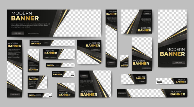 Black and gold web ad banner template with photo place. luxury banner. vector
