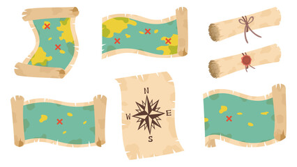 古い羊皮紙に描かれた宝の地図。フラットなベクターイラストセット。
Treasure maps drawn on old parchment. Flat vector illustration set.