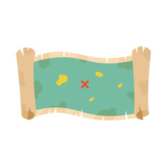 古い羊皮紙に描かれた宝の地図。フラットなベクターイラスト。
Treasure map drawn on old parchment. Flat vector illustration.