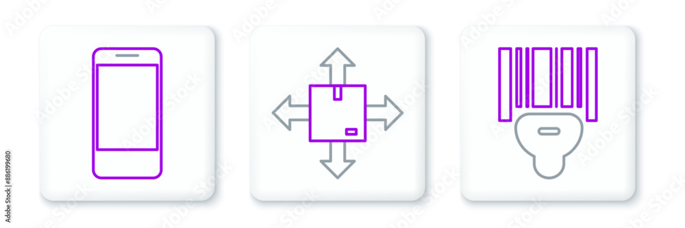 Poster set line scanner scanning bar code, mobile phone with app delivery tracking and cardboard box traffi