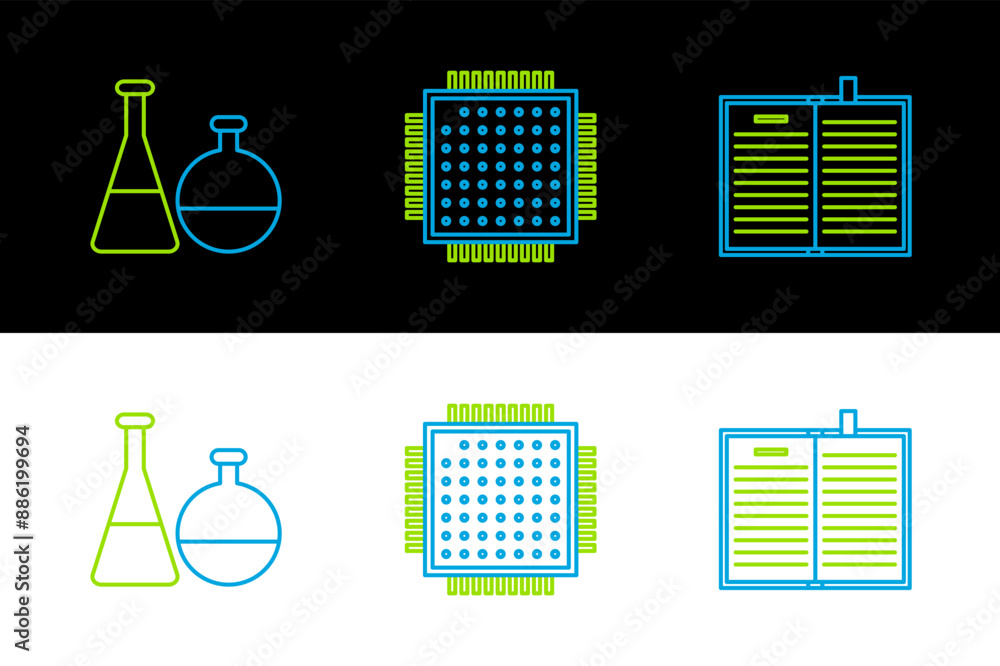 Poster set line open science book, test tube and flask chemical laboratory and processor icon. vector