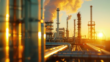 Close-up view of smoke billowing from industrial chimneys amidst a labyrinth of metallic structures and machinery. The scene highlights the contrast between technological complexity and natural