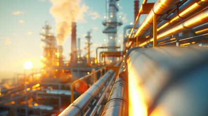Close-up view of smoke billowing from industrial chimneys amidst a labyrinth of metallic structures and machinery. The scene highlights the contrast between technological complexity and natural