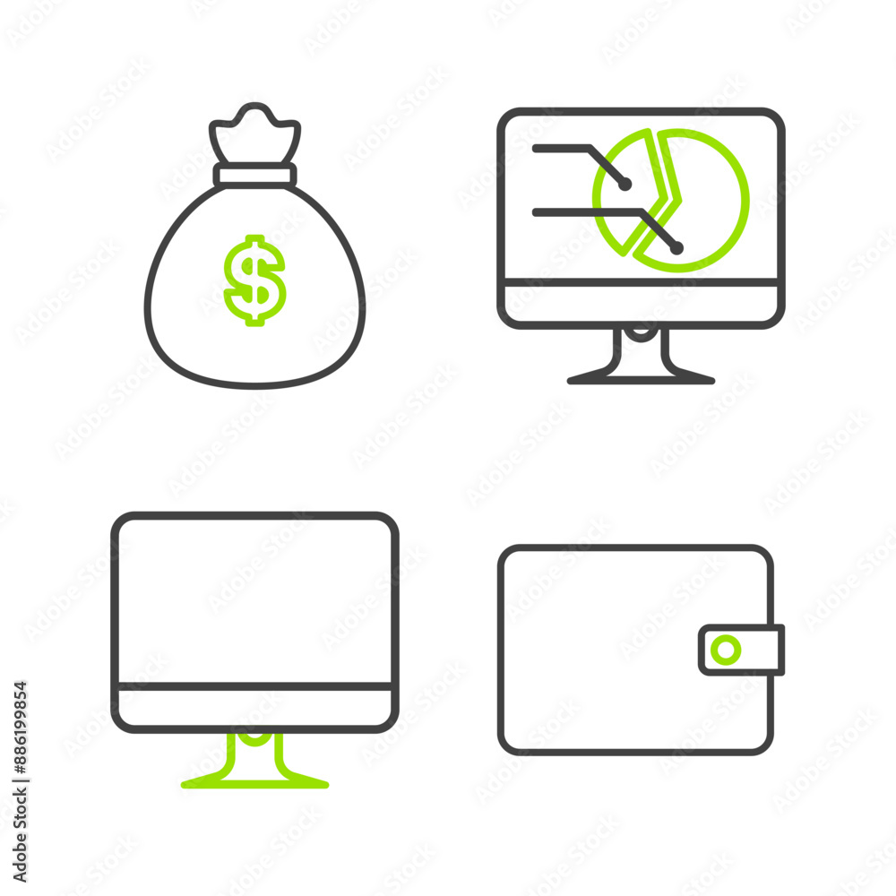 Poster set line wallet, computer monitor screen, with graph chart and money bag icon. vector