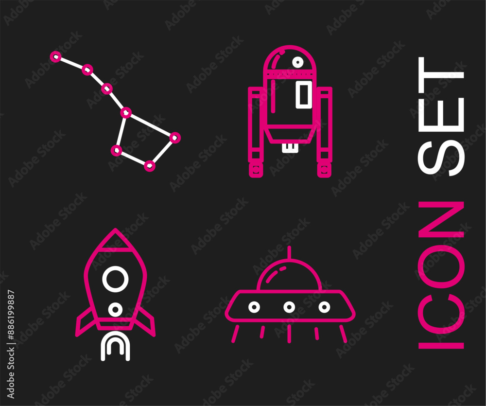 Poster set line ufo flying spaceship, rocket with fire, robot and great bear constellation icon. vector