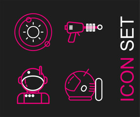 Set line Astronaut helmet, Ray gun and Solar system icon. Vector