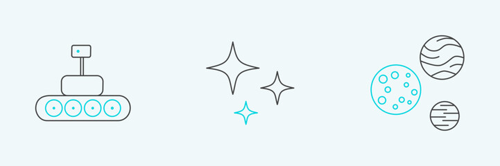 Set line Planet, Mars rover and Falling star icon. Vector