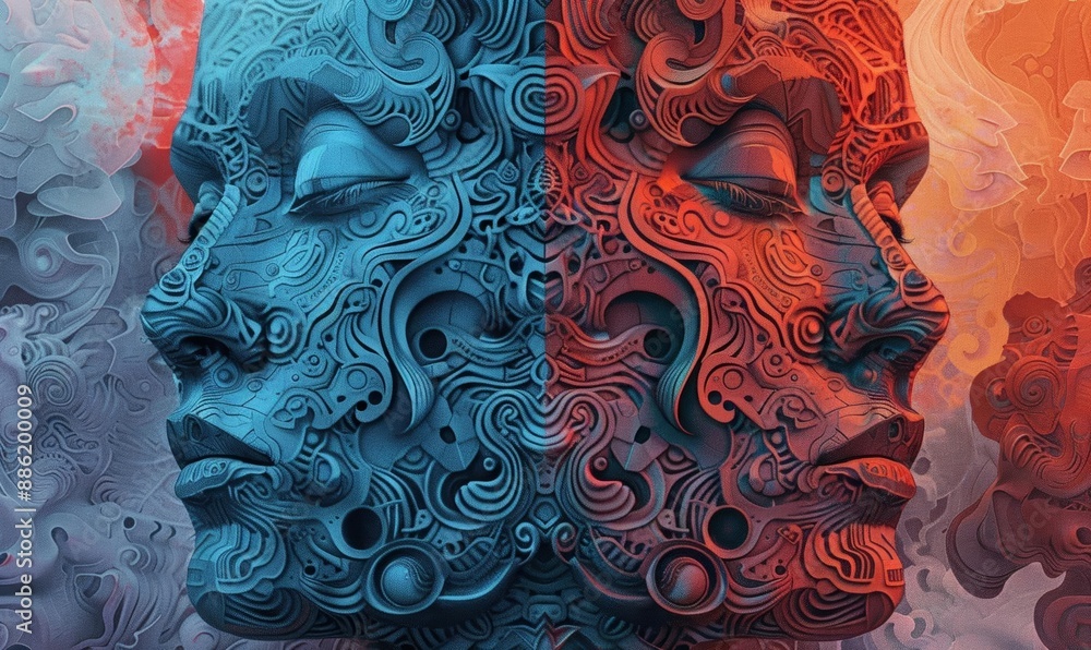 Poster dual-colored abstract faces with intricate patterns in blue and red