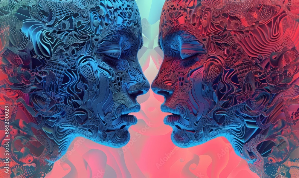 Poster surreal dual faces in blue and red abstract patterns