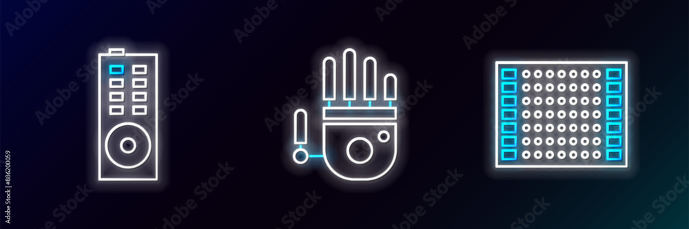 Poster set line printed circuit board pcb, remote control and mechanical robot hand icon. glowing neon. vec