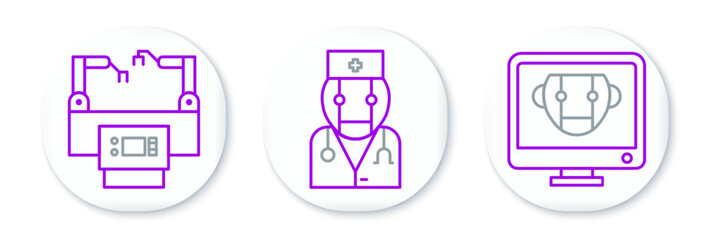Set line Bot, Assembly line and Robot doctor icon. Vector