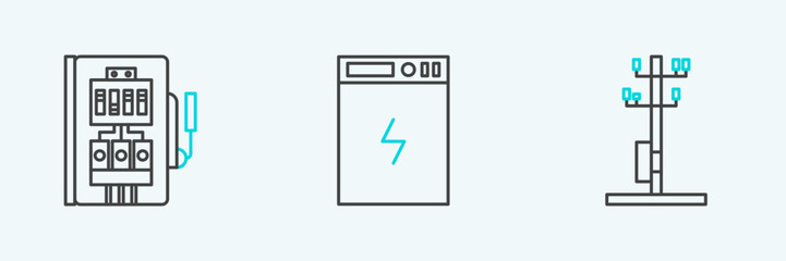 Set line High voltage power pole line, Electrical panel and Power bank icon. Vector