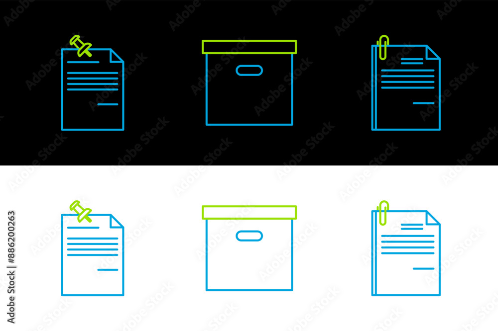 Poster set line file document and paper clip, note with pinned pushbutton and carton cardboard box icon. ve