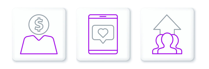 Set line Growth chart and progress in people crowd, Business man planning mind and Mobile phone like with heart icon. Vector