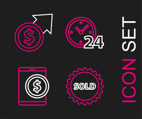 Set line Sold label, Tablet with dollar, Clock 24 hours and Financial growth and coin icon. Vector