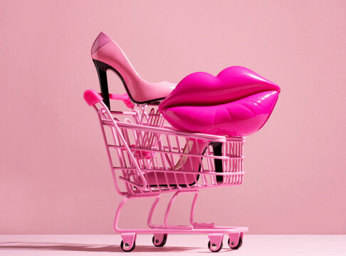 Conceptual still life with high heels and lips  in shopping trolley in pink colors.