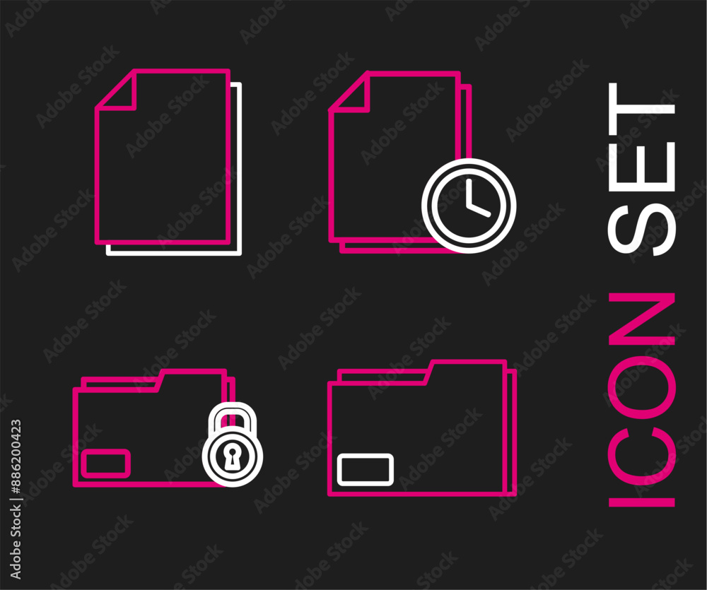Poster set line document folder, folder and lock, with clock and icon. vector
