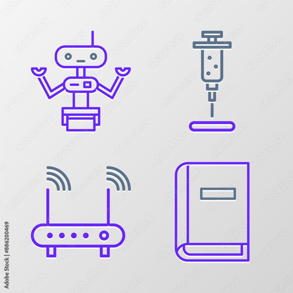 Poster set line user manual, router and wi-fi signal, syringe and robot icon. vector