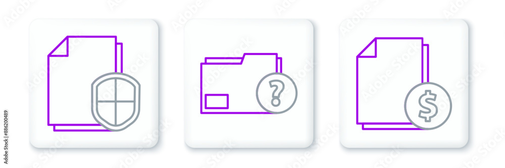 Aufkleber set line finance document, document protection concept and unknown folder icon. vector