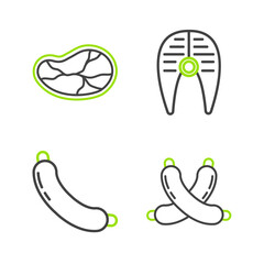 Set line Crossed sausage, Sausage, Fish steak and Steak meat icon. Vector