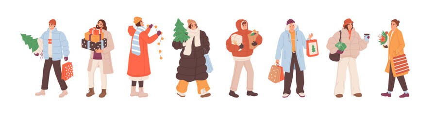 People prepare for winter holidays set. Happy characters shopping New Year presents, gifts. Men and women carry Christmas tree, Xmas accessories, garland. Flat isolated vector illustrations on white