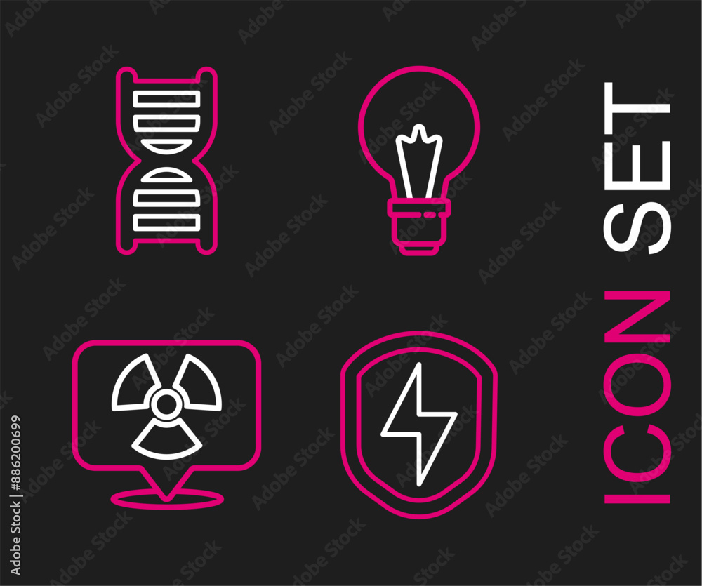 Poster set line secure shield with lightning, radioactive location, light bulb concept of idea and dna symb