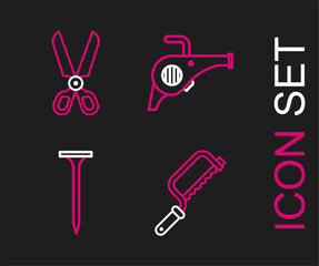 Set line Hacksaw, Metallic nail, Leaf garden blower and Scissors icon. Vector