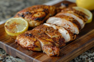 Sliced and whole chicken breast seasoned with spice mix and tangy lime on a wooden platter