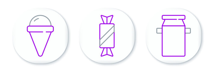 Set line Can container for milk, Ice cream waffle cone and Candy icon. Vector