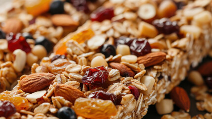 Close-up of granola bars with almonds, oats, dried fruits, and nuts