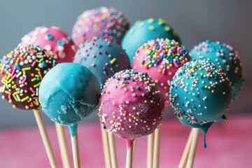 Colorful cake pops adorned with sprinkles on sticks in a festive display