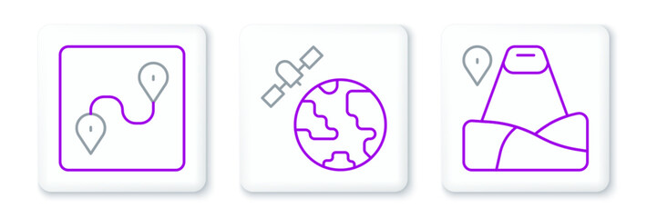 Set line Location with mountain, Route location and Satellites orbiting the planet icon. Vector