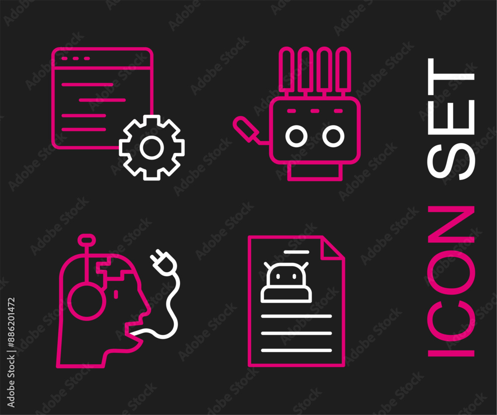 Poster set line technical specification, robot charging battery, mechanical robot hand and computer api int
