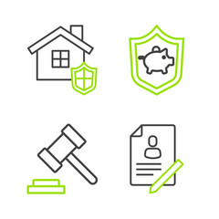 Set line Document with shield, Judge gavel, Piggy bank and House icon. Vector